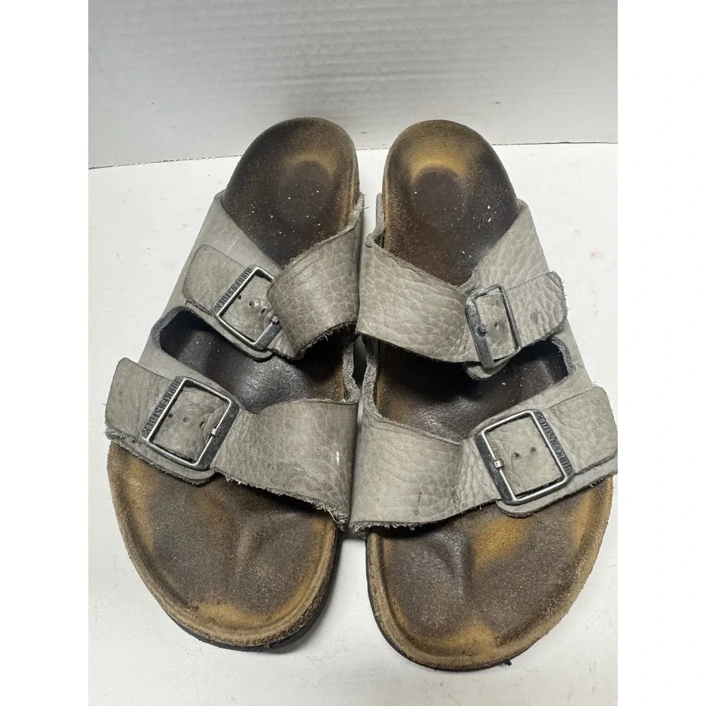 Birkenstock Arizona Grey Leather Two Strap Buckle Slide Sandals Mens 43 10